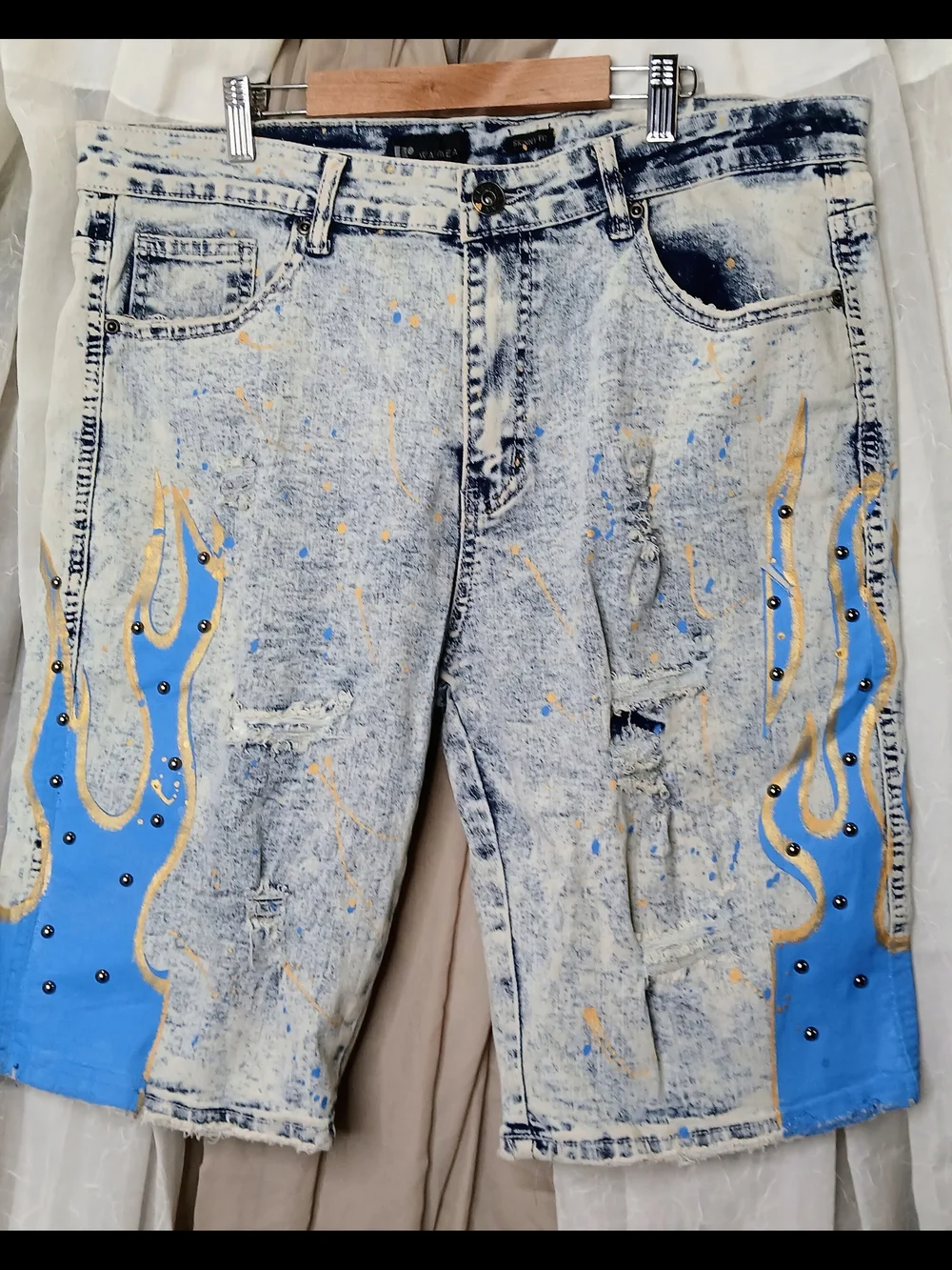 Men's Acid-Wash Jean Shorts with Blue Flame Detail